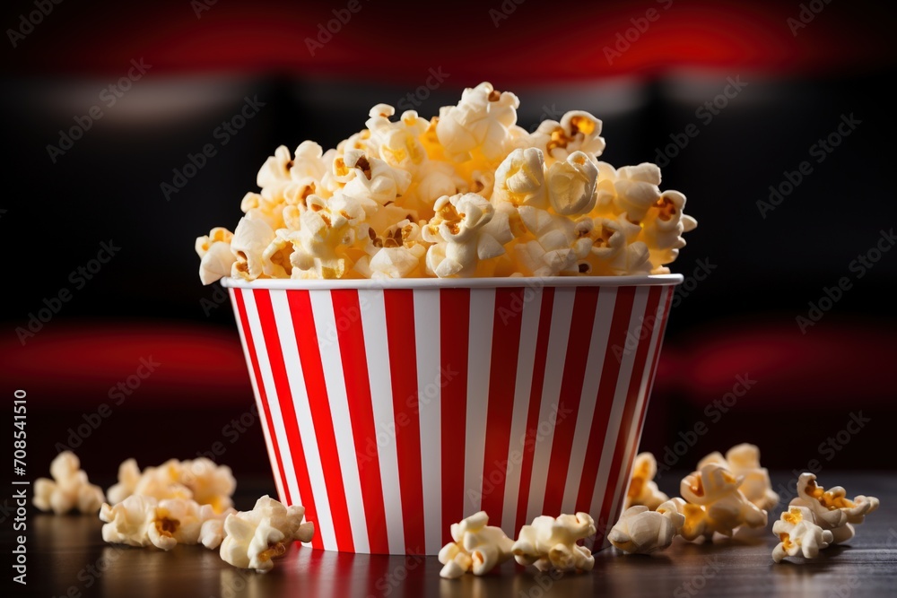 A red and white striped bucket of popcorn with a dark background A red and white striped bucket of popcorn with a dark background