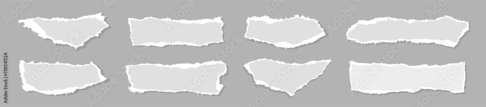 Set of white ripped paper stripes. Realistic papers scrap with torn edges. Notepad torn papers for message note, page or banner. Vector collection.