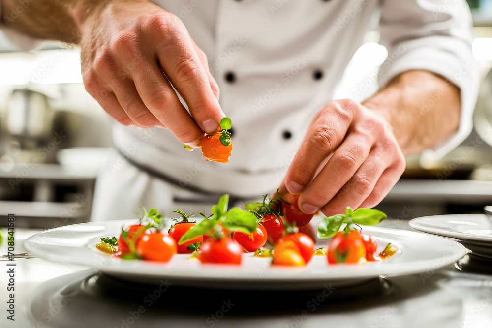 A chef in a white uniform carefully garnishes a dish with fresh tomatoes and herbs on a plate.