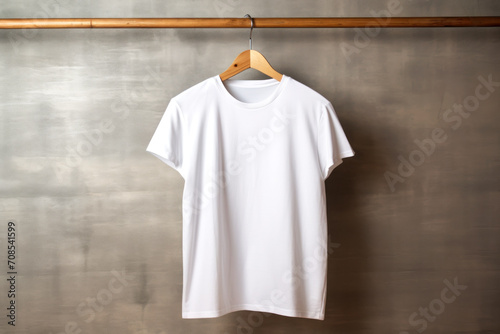 A mock-up of the front of a white T-shirt used as a design template