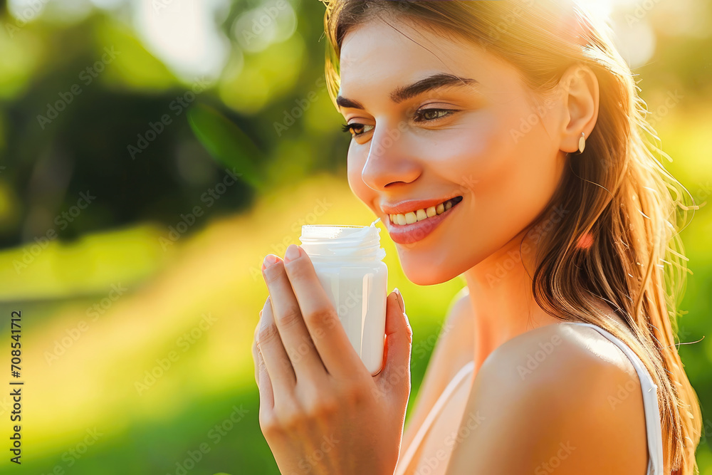 A smiling woman applying face cream while enjoying natural sunlight outdoors, embodying health, beauty, and self-care. A smiling woman applying face cream while enjoying natural sunlight outdoors, embodying health, beauty, and self-care.