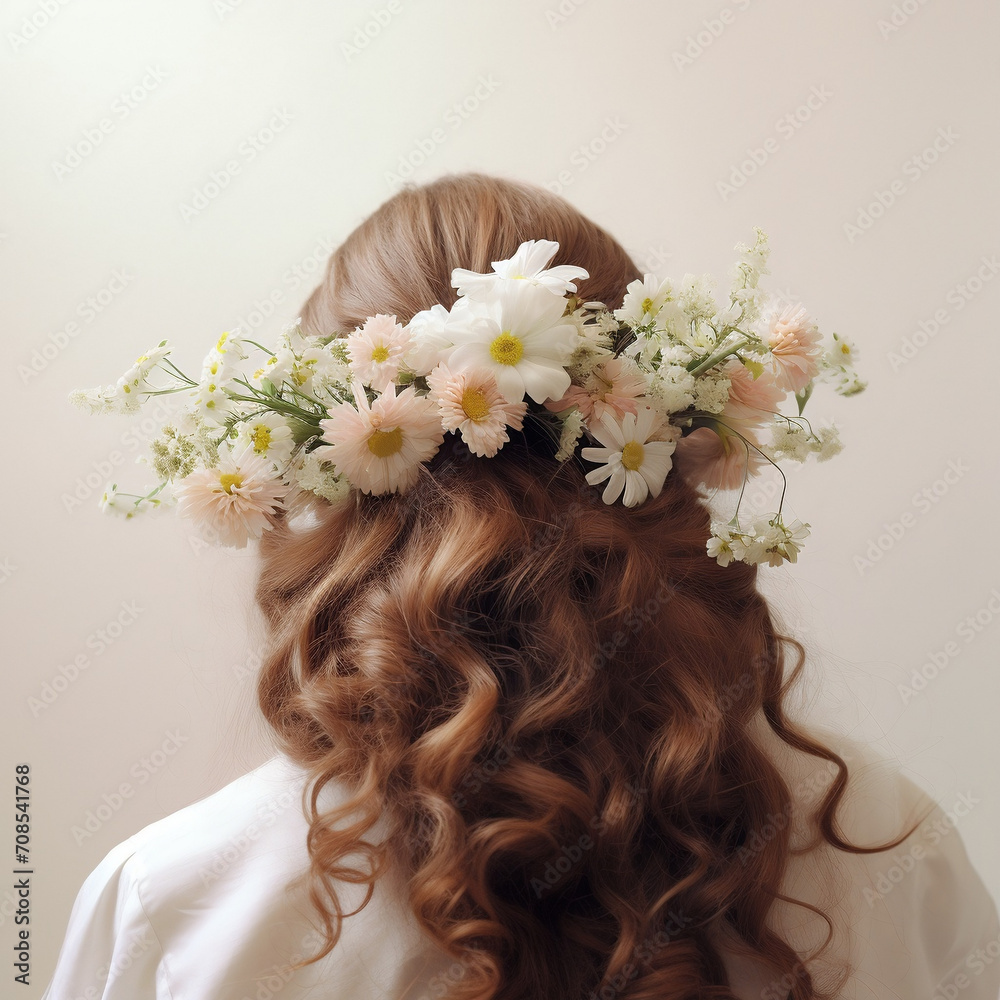 Naklejka premium Woman Flowers in her Hair, pink, white and minimal