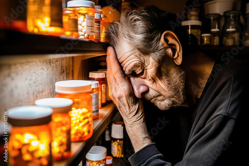 An elderly man looking stressed and overwhelmed with a large number of medicine bottles on the shelf.