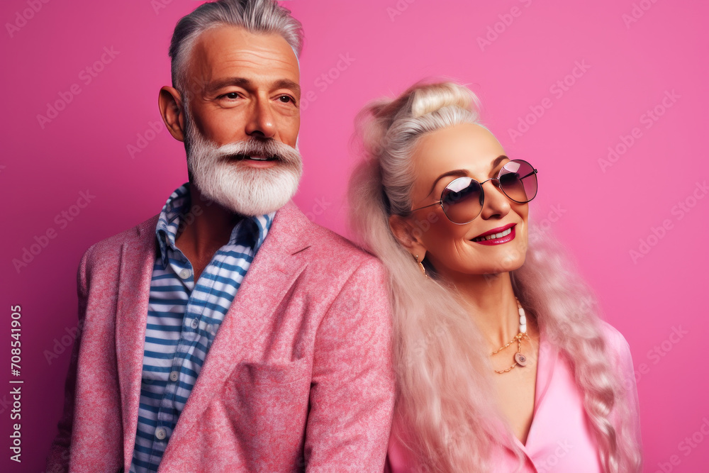 Obraz premium Stylish mature married couple in sunglasses and fashionable pink clothe