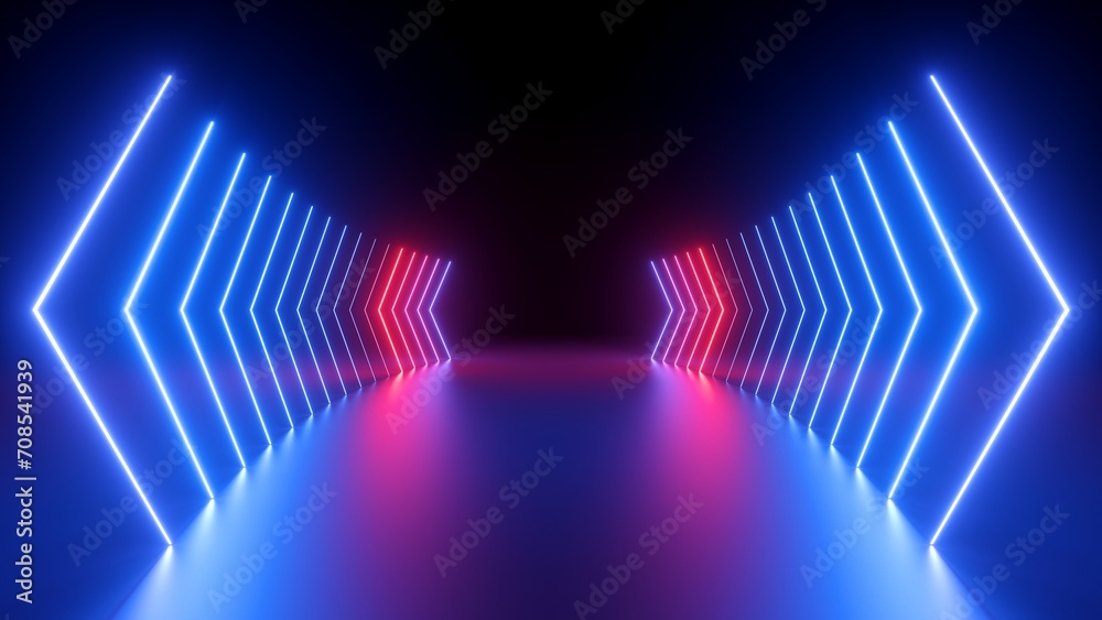 3d render, abstract futuristic background of neon arrows glowing in the dark. Energy concept. Blue red gradient, ultraviolet light. Modern minimalist technological wallpaper - obrazy, fototapety, plakaty 