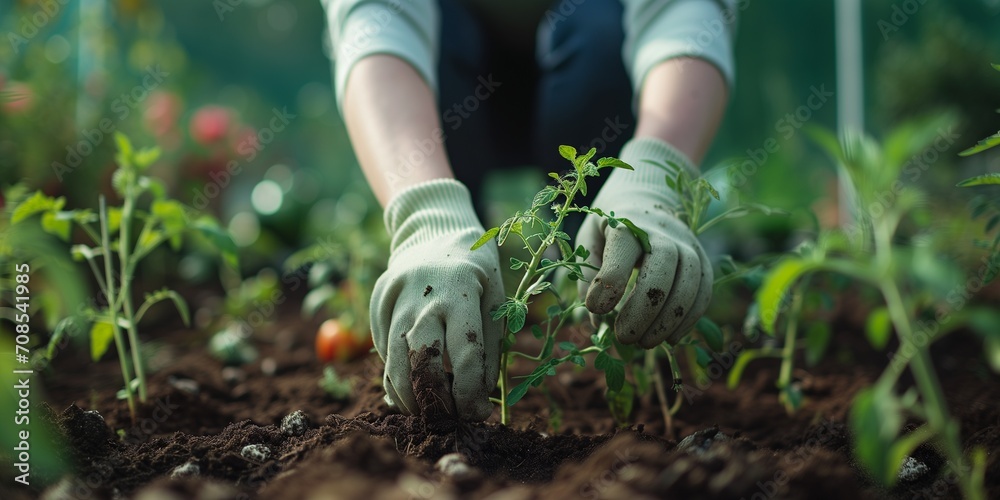 Fototapeta premium A woman in green gloves plants a tomato bush in the ground in a greenhouse.