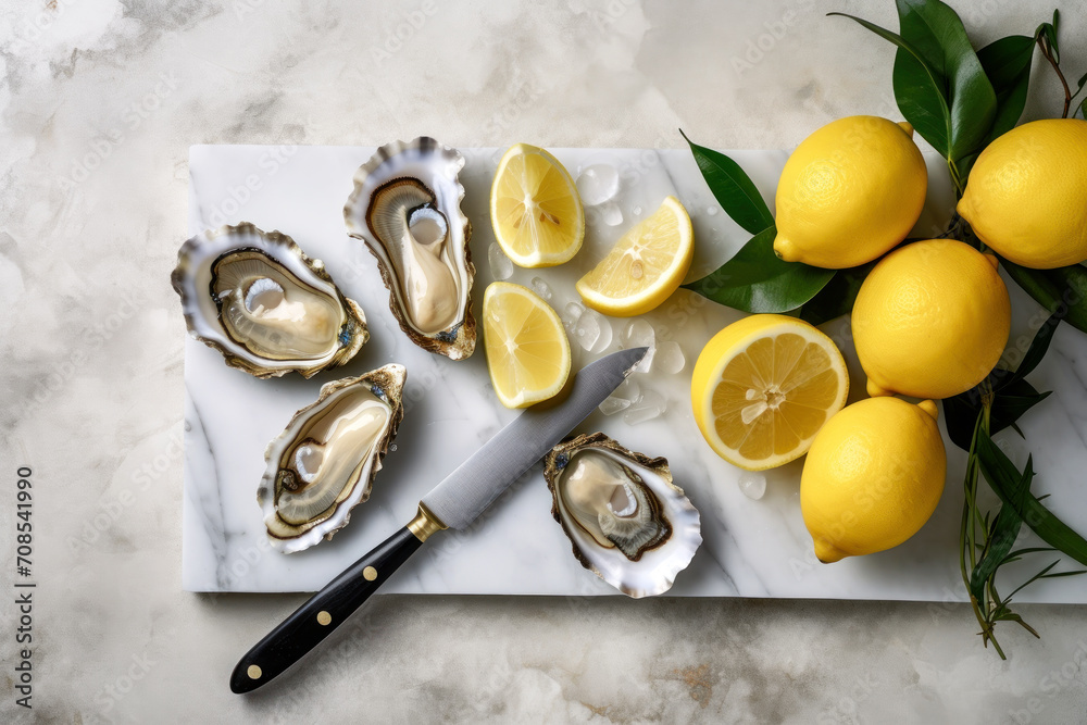 Still life with fresh delicious oysters. Clams, knives and lemons lie on a marble stand on the kitchen table. Generated by AI. Still life with fresh delicious oysters. Clams, knives and lemons lie on a marble stand on the kitchen table. Generated by AI.