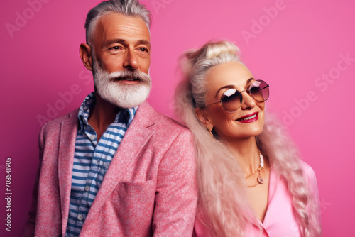 Stylish mature married couple in sunglasses and fashionable pink clothe