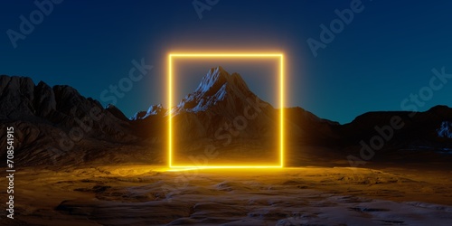 3d render. Abstract background. Yellow neon square glowing over the futuristic landscape. Rocky mountain under the night sky. Fantastic extraterrestrial scenery. Virtual reality environment © wacomka