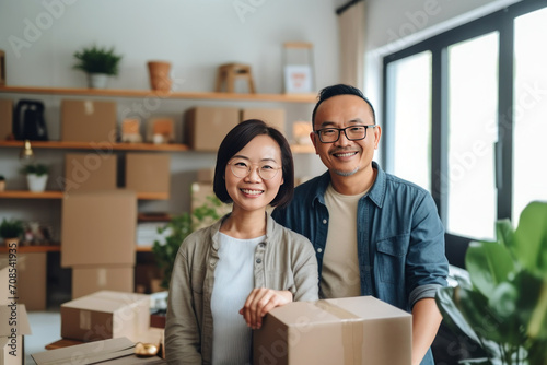 Middle-aged married asian couple on background of cardboard boxe photo