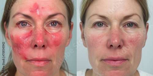 Before and after laser treatment of rosacea.