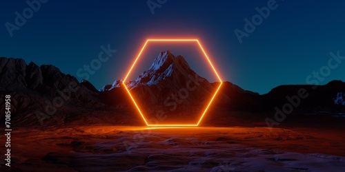 3d render. Abstract fantastic background. Red glowing neon hexagonal frame. Futuristic landscape of rocky mountain under the night sky. Extraterrestrial scenery. Virtual reality environment © wacomka