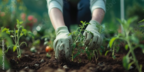 A woman in green gloves plants a tomato bush in the ground in a greenhouse.