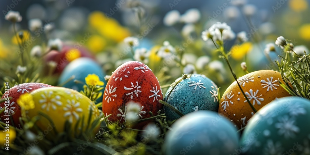 Colorful easter eggs and spring flowers Colorful easter eggs and spring flowers