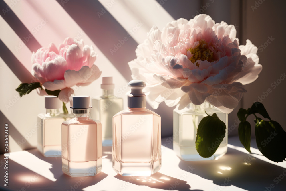 A set of glass bottles of cosmetics with beautiful pink flowers