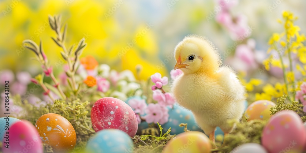 Colorful easter eggs and small yellow chicken