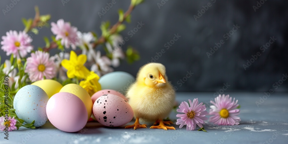 Colorful easter eggs and small yellow chiken