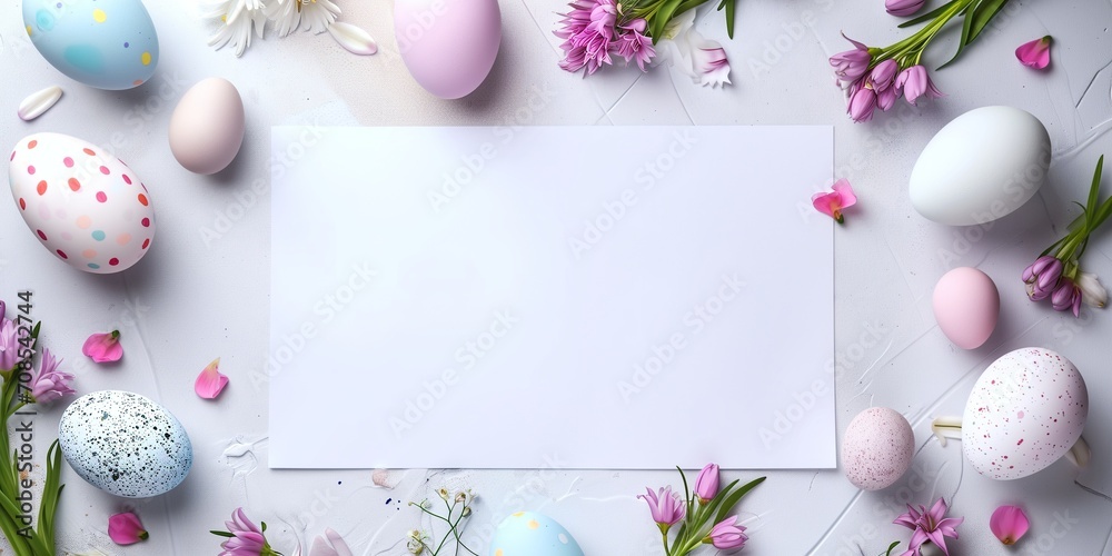 top view Colorful easter eggs and spring flowers - obrazy, fototapety, plakaty 