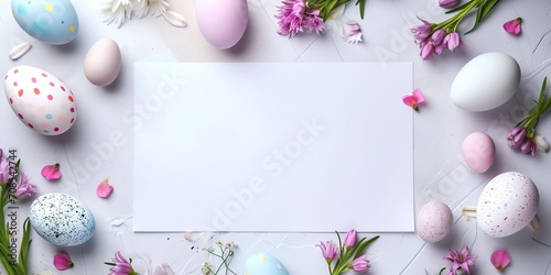 top view Colorful easter eggs and spring flowers