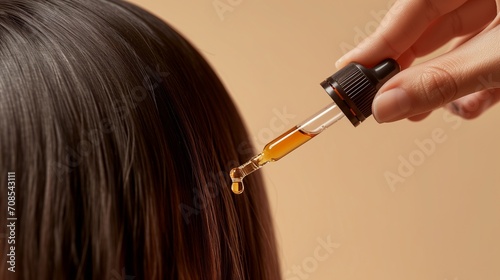 Woman applying essential with pipette oil onto hair root