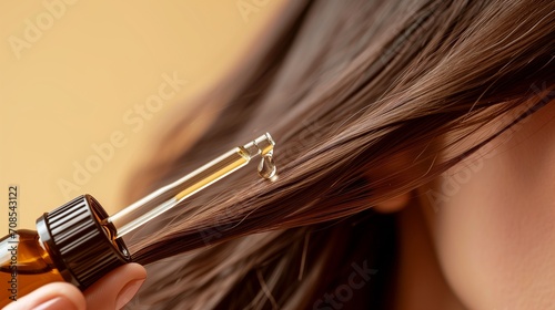 Woman applying essential with pipette oil onto hair root