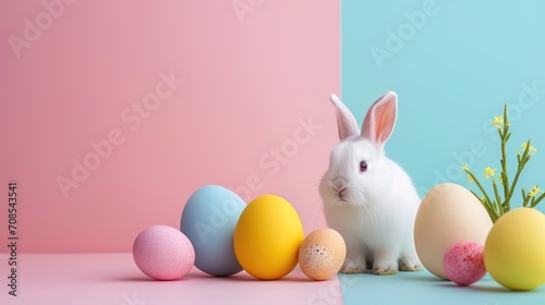 White Bunny With Pink Ears Surrounded by Colorful Easter Eggs on a Dual-Color Background © AndErsoN