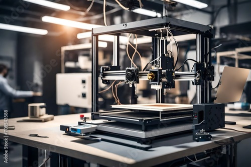 A close-up of an advanced 3D printer in a technology-focused workspace, creating intricate prototypes.