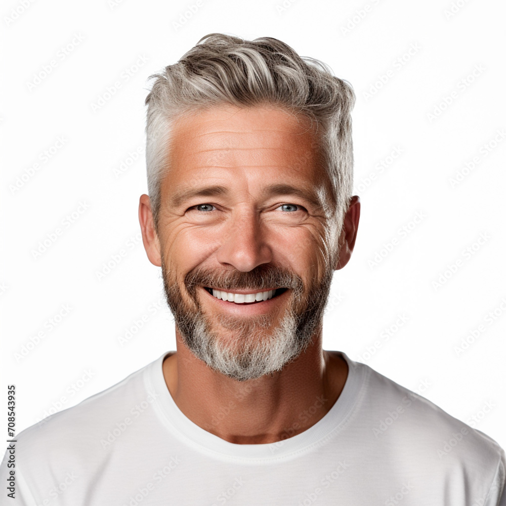 Obraz premium Portrait of a smiling older man showing teeth with a white background headshot