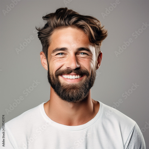 Studio portrait of a man smiling with a modern haircut. Advertisement for dental, business, studio, etc.