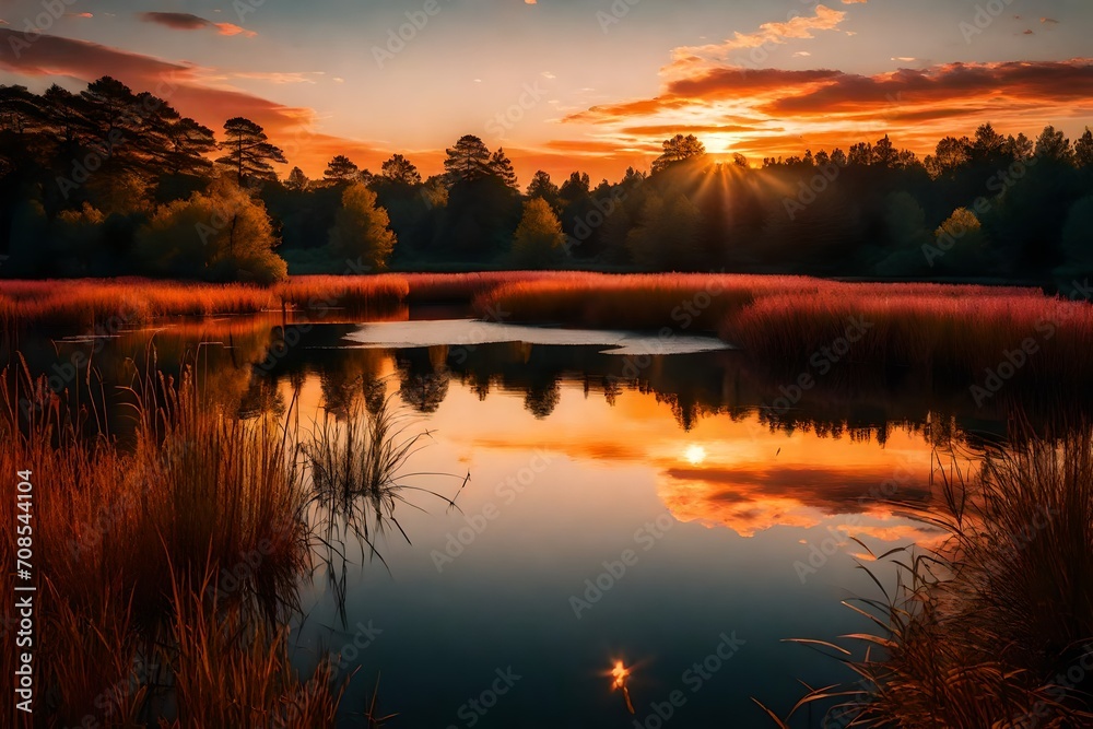 Vibrant sunset hues reflecting on a tranquil lake, casting a warm glow on the surrounding landscape.