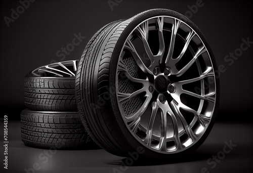A stack of new car wheels with aluminum rims on a black background. AI generative.