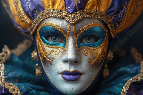 A close up of a person wearing a mask, Mardi Gras carnival mask.