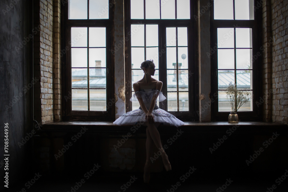 Ballerina in a tutu sits on the windowsill near a large window. Ballerina in a tutu sits on the windowsill near a large window.