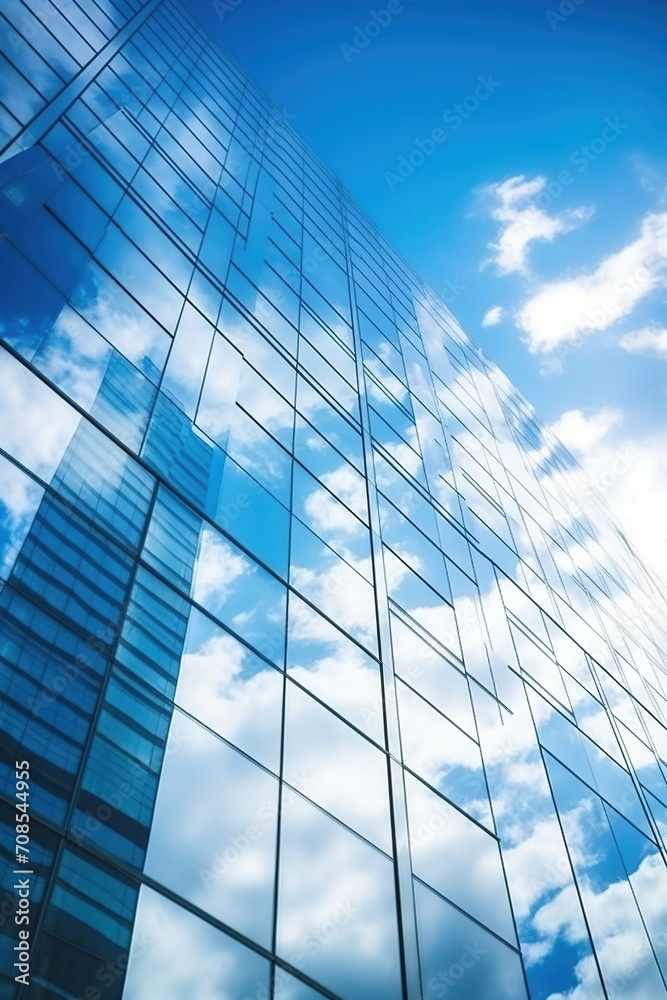 Blue glass skyscraper reflecting clouds