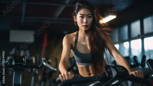 Young Asian woman working out on exercise bike at gym. Neural network AI generated art