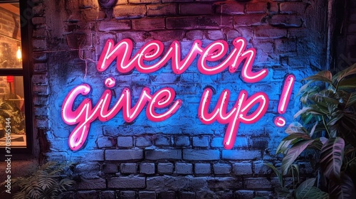 A brick wall with a neon sign that says never give up