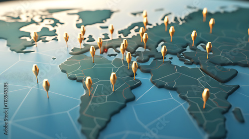 World Map icon with pins. travel concept. 3d render illustration #708545395