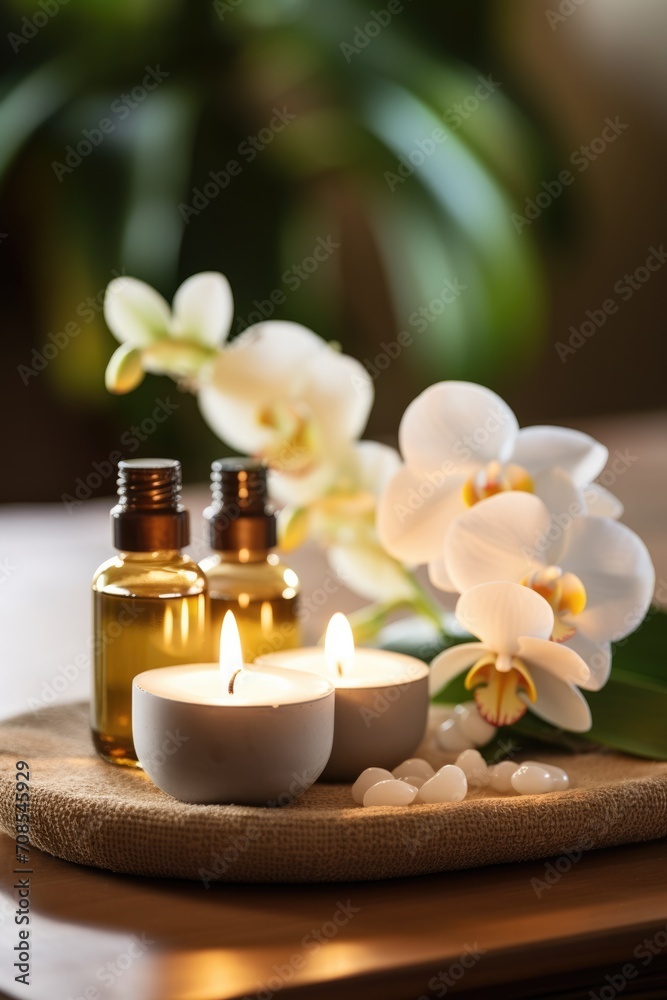 Objects on spa center table top. Aroma oil bottles candles and floral arrangement.