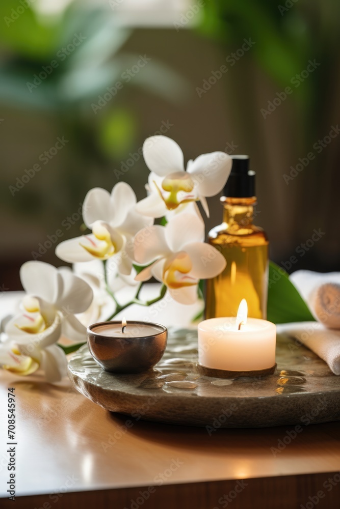 Objects on spa center table top. Aroma oil bottles candles and floral arrangement. Objects on spa center table top. Aroma oil bottles candles and floral arrangement.
