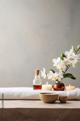 Objects on spa center table top. Aroma oil bottles candles and floral arrangement.