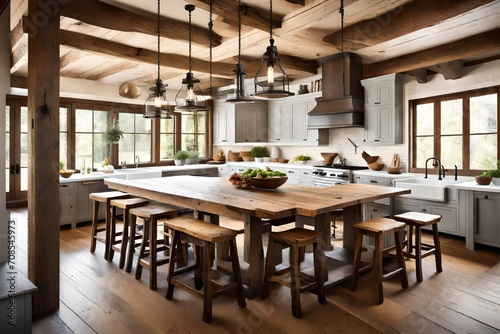 A rustic kitchen with wooden beam ceilings and hanging pendant lights over a farmhouse-style table