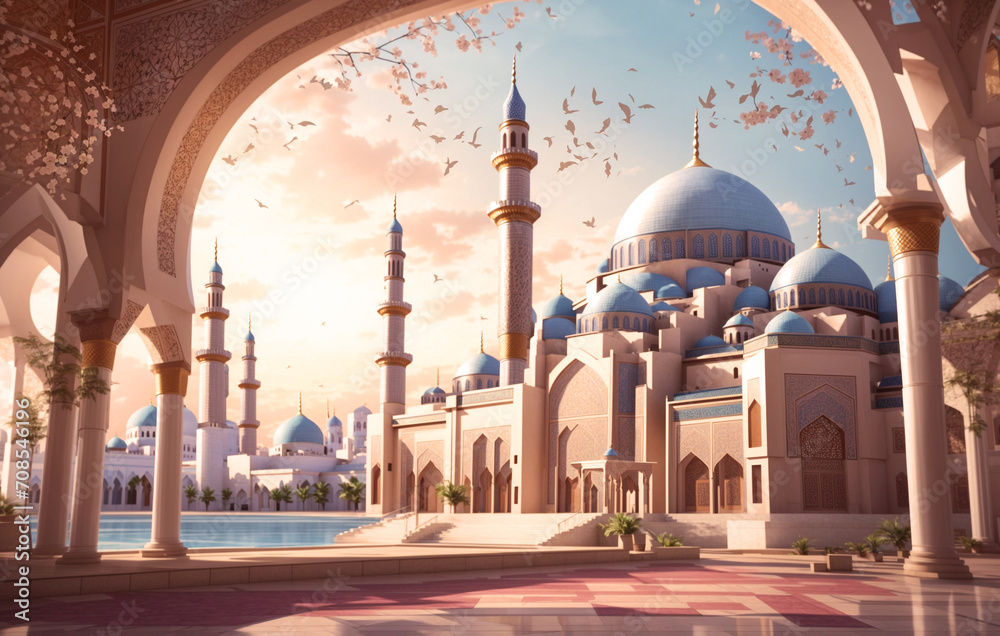 Beautiful Golden Islamic Ramadan Kareem Background with Mosques and Ornamental