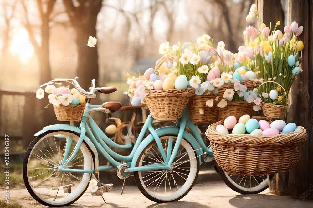 A charming Easter scene featuring a vintage bicycle adorned with baskets of pastel-colored eggs.