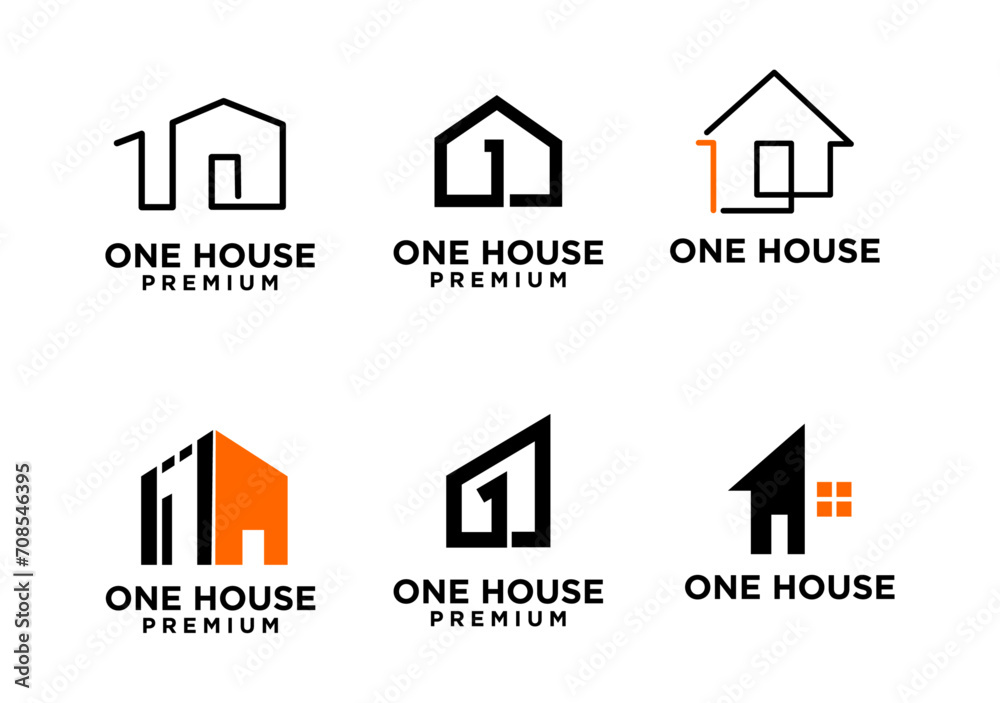 one 1 house home letter logo icon design  template