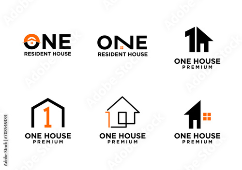 one 1 house home letter logo icon design  template