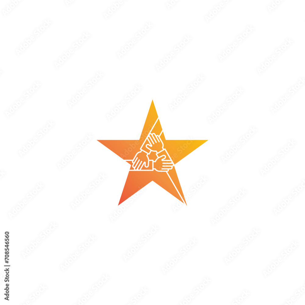 Obraz premium Star teamwork, three hands support each other. Vector icon illustration