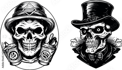 Barkeep monster logo style , skull characters, Human skulls. holding two cups of coffee, great set collection clip art Silhouette , Black vector illustration on white background eps .