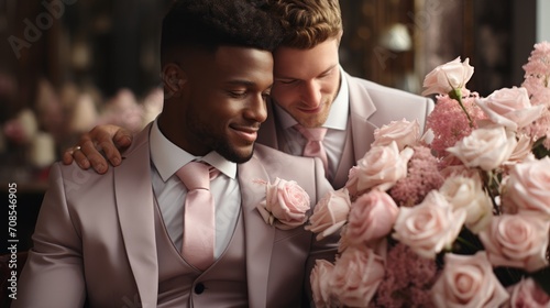 wedding of homosexual couple. male partners hugging each other photo