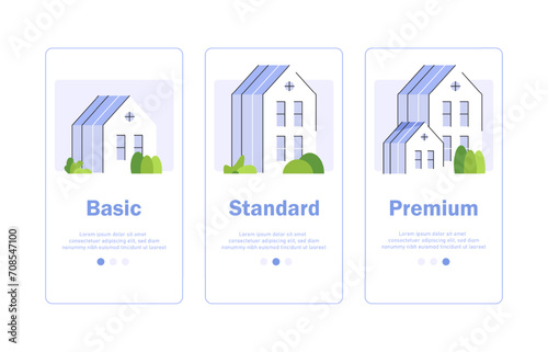 Service upgrade concept,three options, basic subscription, standard account, premium plan, experience improvement, better offer