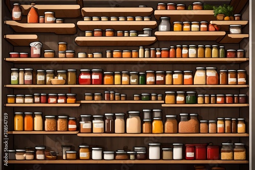 A well-stocked pantry with neatly organized shelves displaying various cooking ingredients.
